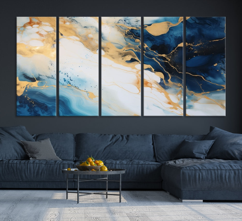 Abstract Painting of Gold Blue Marble Wall Art, Extra Large Framed Canvas Print, Modern Living Room Decor