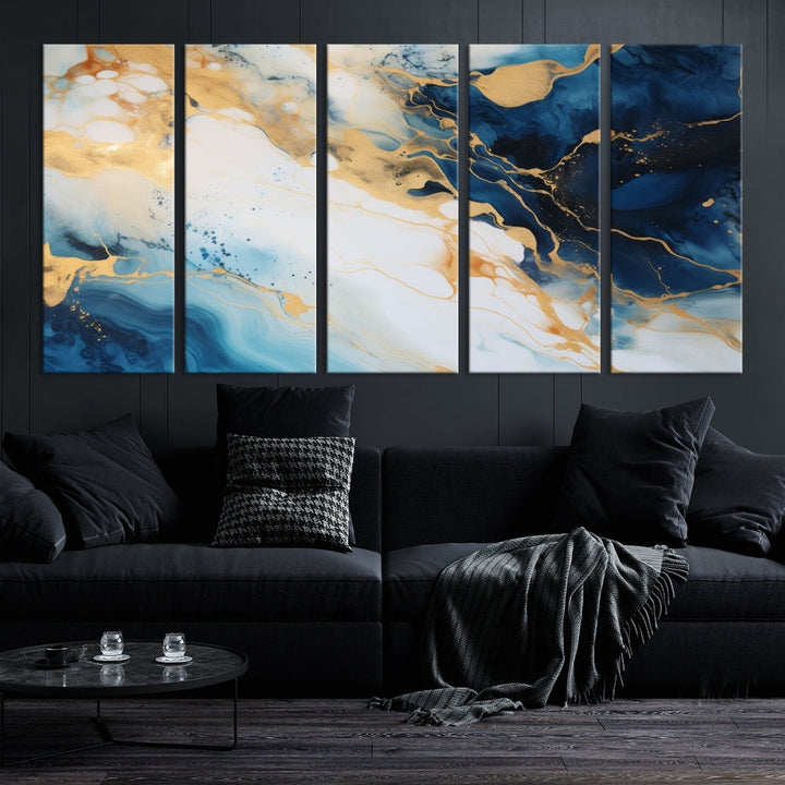 Abstract Painting of Gold Blue Marble Wall Art, Extra Large Framed Canvas Print, Modern Living Room Decor