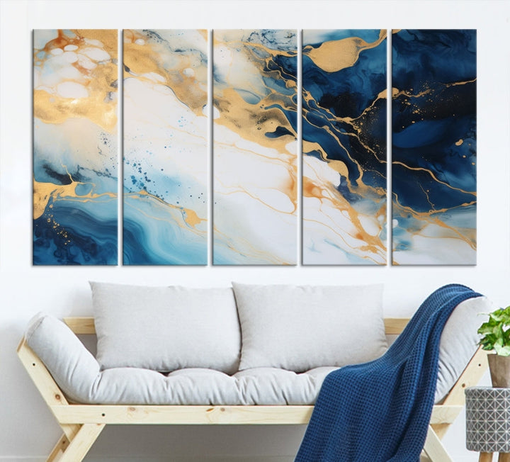 Abstract Painting of Gold Blue Marble Wall Art, Extra Large Framed Canvas Print, Modern Living Room Decor