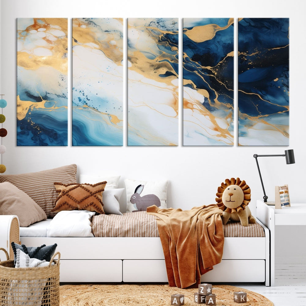 Abstract Painting of Gold Blue Marble Wall Art, Extra Large Framed Canvas Print, Modern Living Room Decor