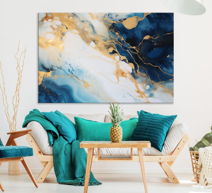 Abstract Painting of Gold Blue Marble Wall Art, Extra Large Framed Canvas Print, Modern Living Room Decor