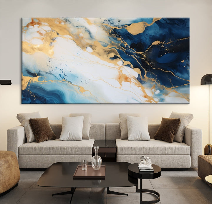 Abstract Painting of Gold Blue Marble Wall Art, Extra Large Framed Canvas Print, Modern Living Room Decor