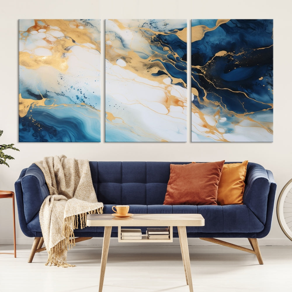 Abstract Painting of Gold Blue Marble Wall Art, Extra Large Framed Canvas Print, Modern Living Room Decor