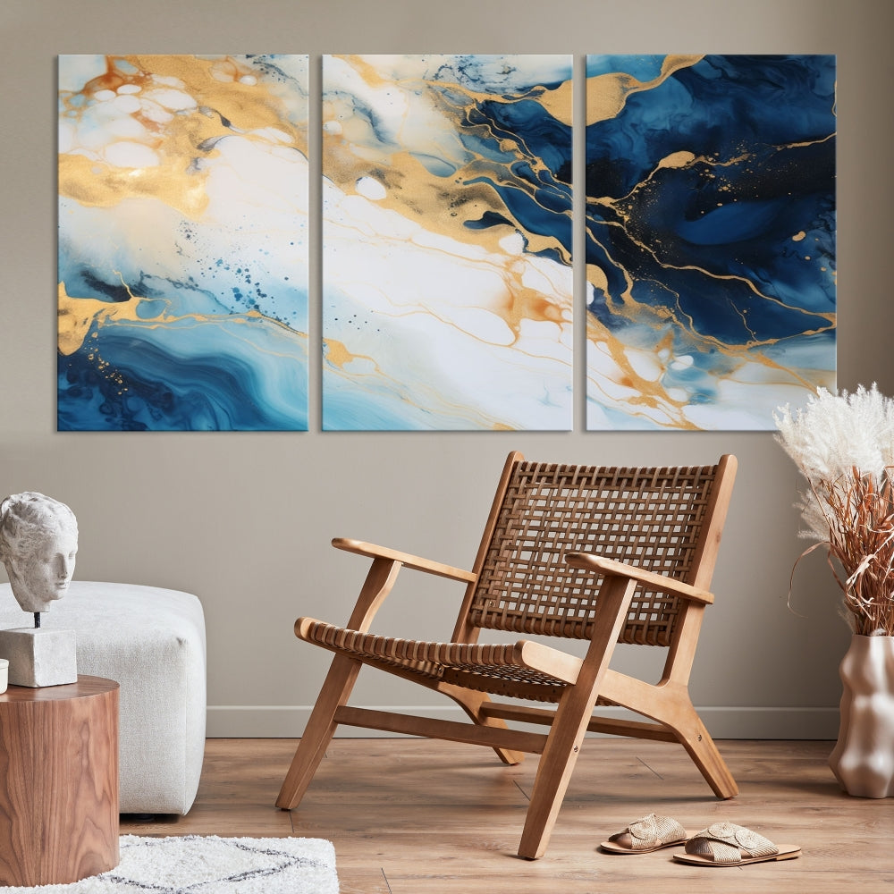 Abstract Painting of Gold Blue Marble Wall Art, Extra Large Framed Canvas Print, Modern Living Room Decor