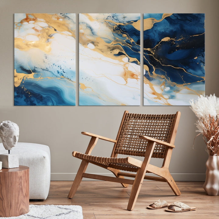 Abstract Painting of Gold Blue Marble Wall Art, Extra Large Framed Canvas Print, Modern Living Room Decor