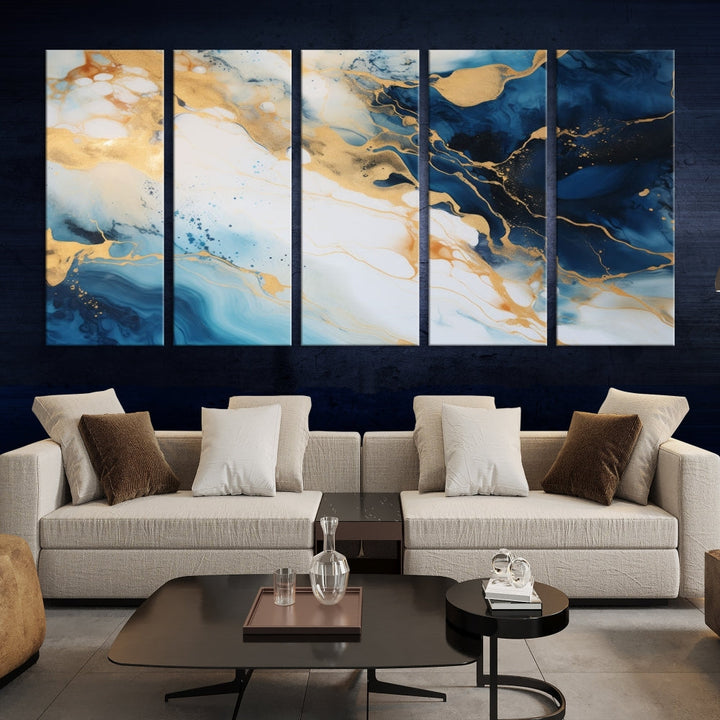 Abstract Painting of Gold Blue Marble Wall Art, Extra Large Framed Canvas Print, Modern Living Room Decor