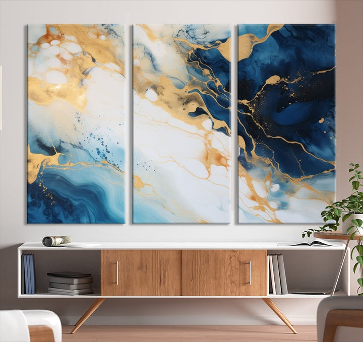 Abstract Painting of Gold Blue Marble Wall Art, Extra Large Framed Canvas Print, Modern Living Room Decor