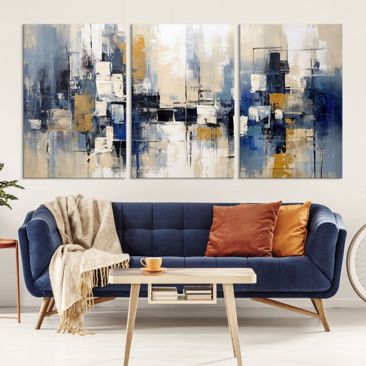 Abstract Shapes Blue Marble Painting Printed on Cotton Canvas Wall Art Print