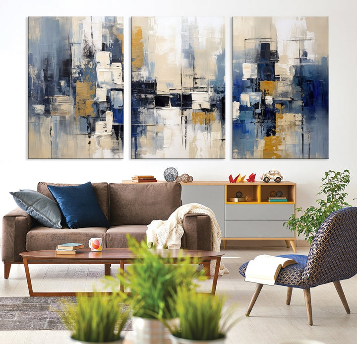 Abstract Shapes Blue Marble Painting Printed on Cotton Canvas Wall Art Print