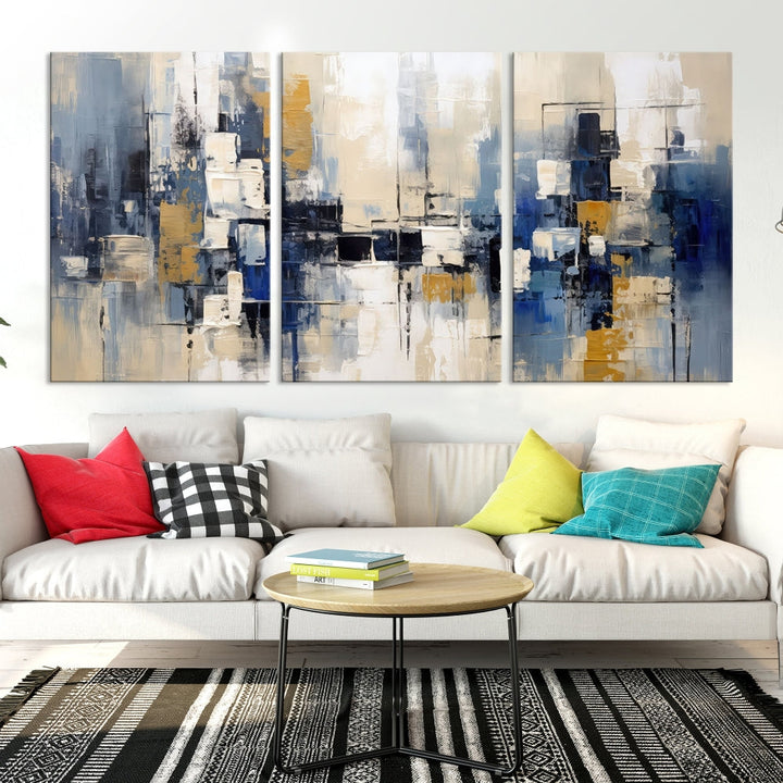 Abstract Shapes Blue Marble Painting Printed on Cotton Canvas Wall Art Print