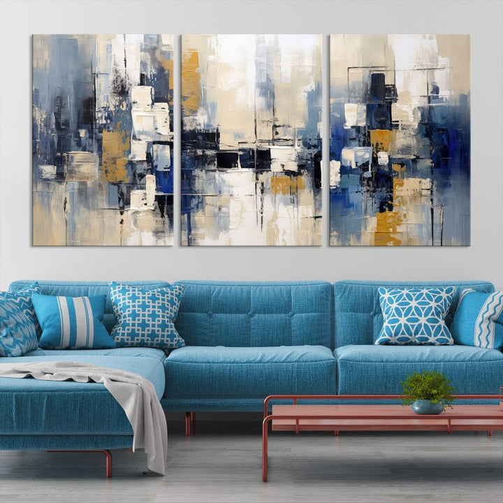 Abstract Shapes Blue Marble Painting Printed on Cotton Canvas Wall Art Print