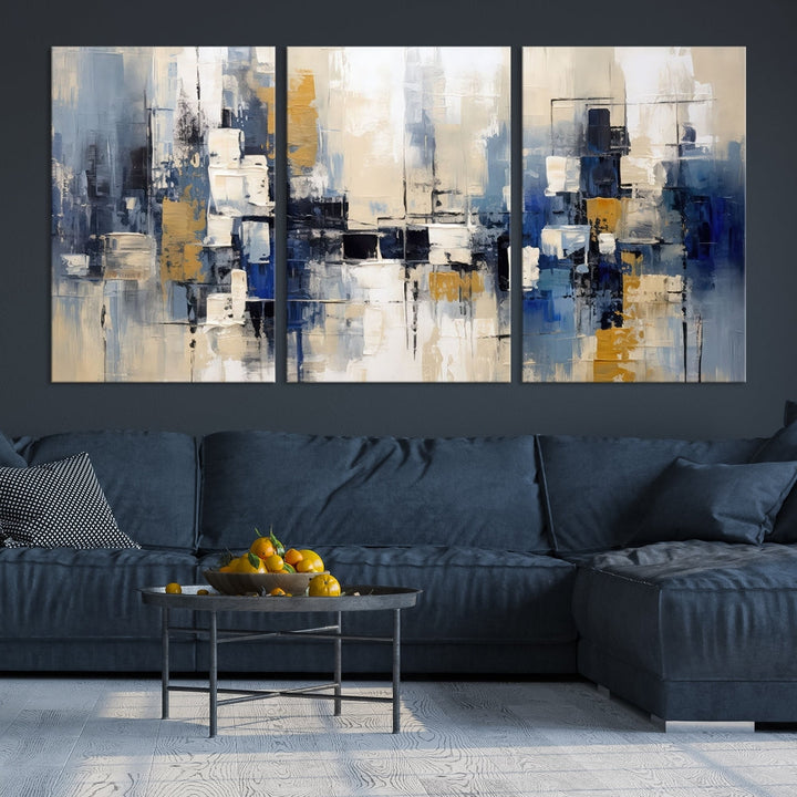 Abstract Shapes Blue Marble Painting Printed on Cotton Canvas Wall Art Print