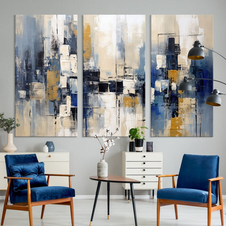 Abstract Shapes Blue Marble Painting Printed on Cotton Canvas Wall Art Print