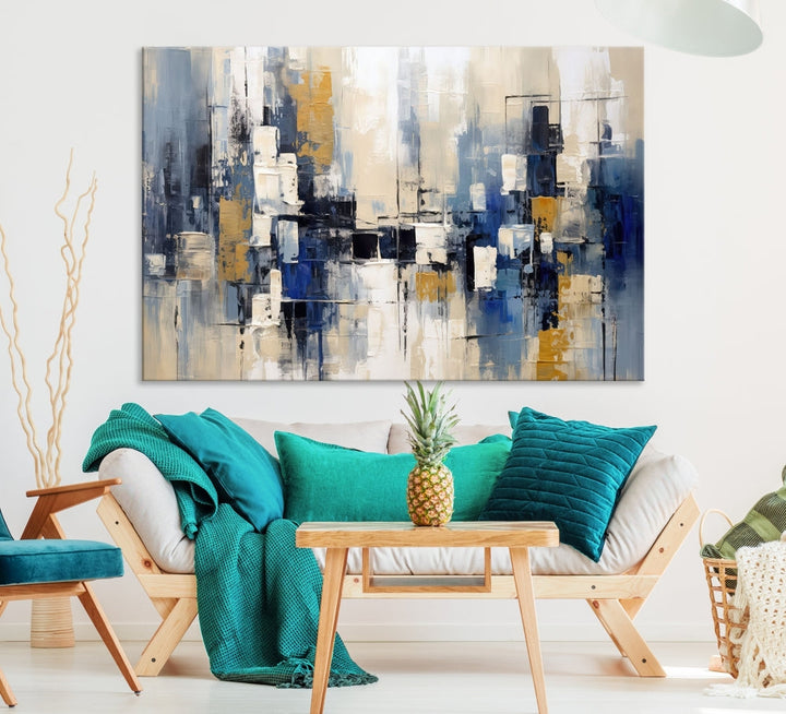 Abstract Shapes Blue Marble Painting Printed on Cotton Canvas Wall Art Print