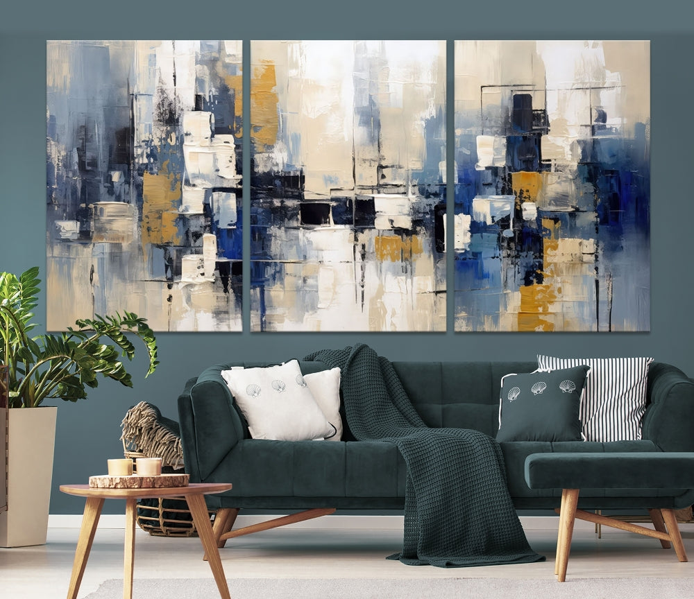 Abstract Shapes Blue Marble Painting Printed on Cotton Canvas Wall Art Print