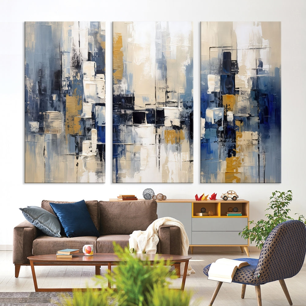 Abstract Shapes Blue Marble Painting Printed on Cotton Canvas Wall Art Print