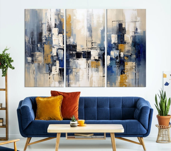 Abstract Shapes Blue Marble Painting Printed on Cotton Canvas Wall Art Print