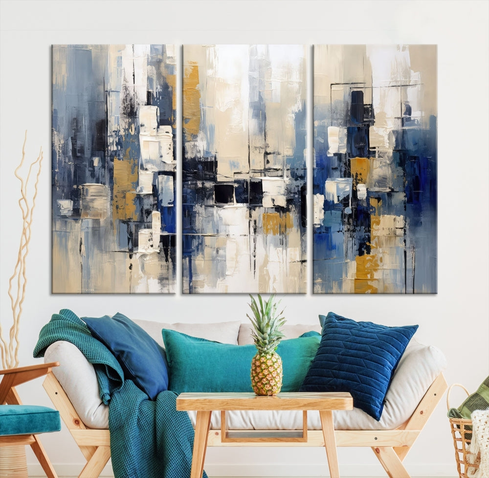 Abstract Shapes Blue Marble Painting Printed on Cotton Canvas Wall Art Print