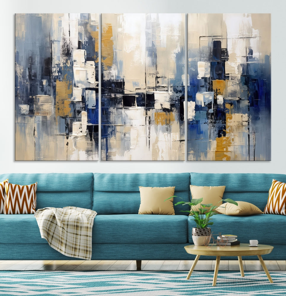 Abstract Shapes Blue Marble Painting Printed on Cotton Canvas Wall Art Print