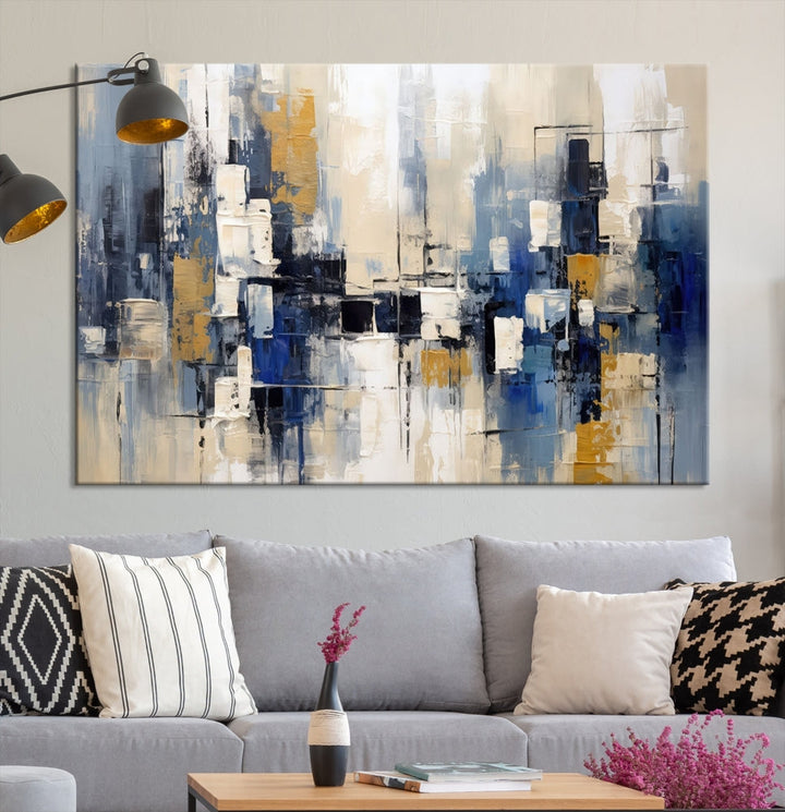 Abstract Shapes Blue Marble Painting Printed on Cotton Canvas Wall Art Print