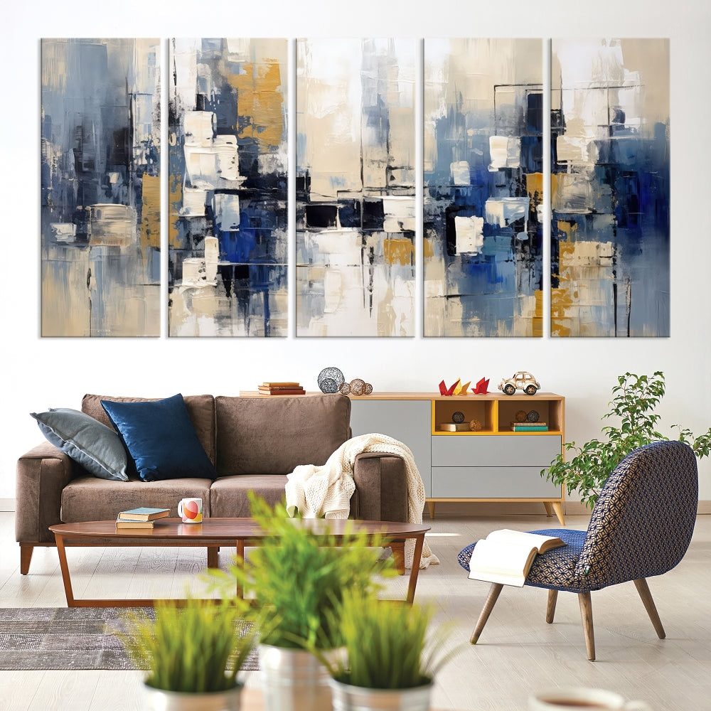 Abstract Shapes Blue Marble Painting Printed on Cotton Canvas Wall Art Print