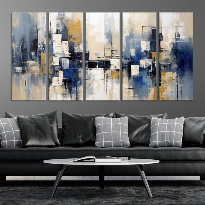 Abstract Shapes Blue Marble Painting Printed on Cotton Canvas Wall Art Print