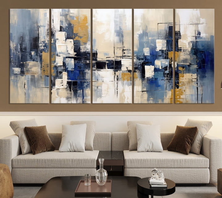 Abstract Shapes Blue Marble Painting Printed on Cotton Canvas Wall Art Print