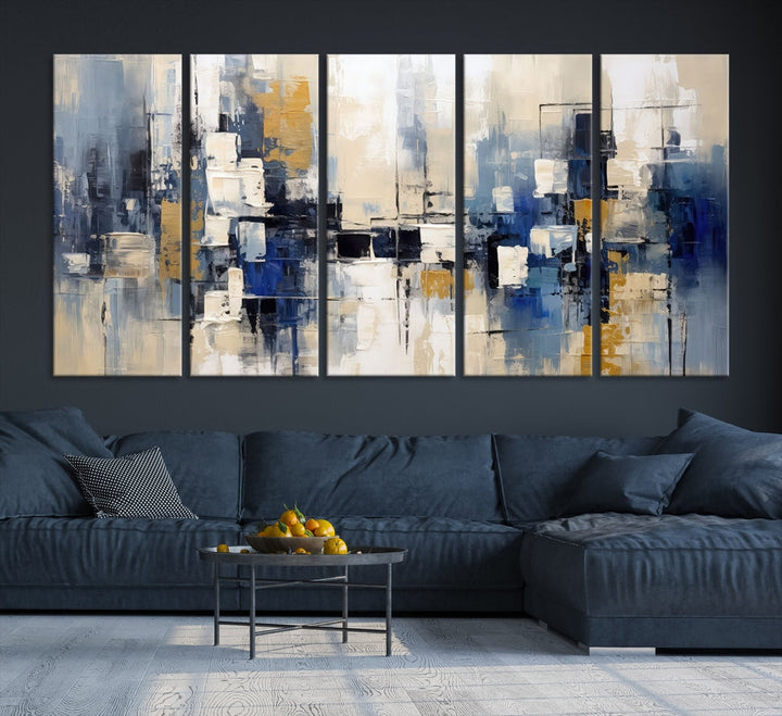 Abstract Shapes Blue Marble Painting Printed on Cotton Canvas Wall Art Print