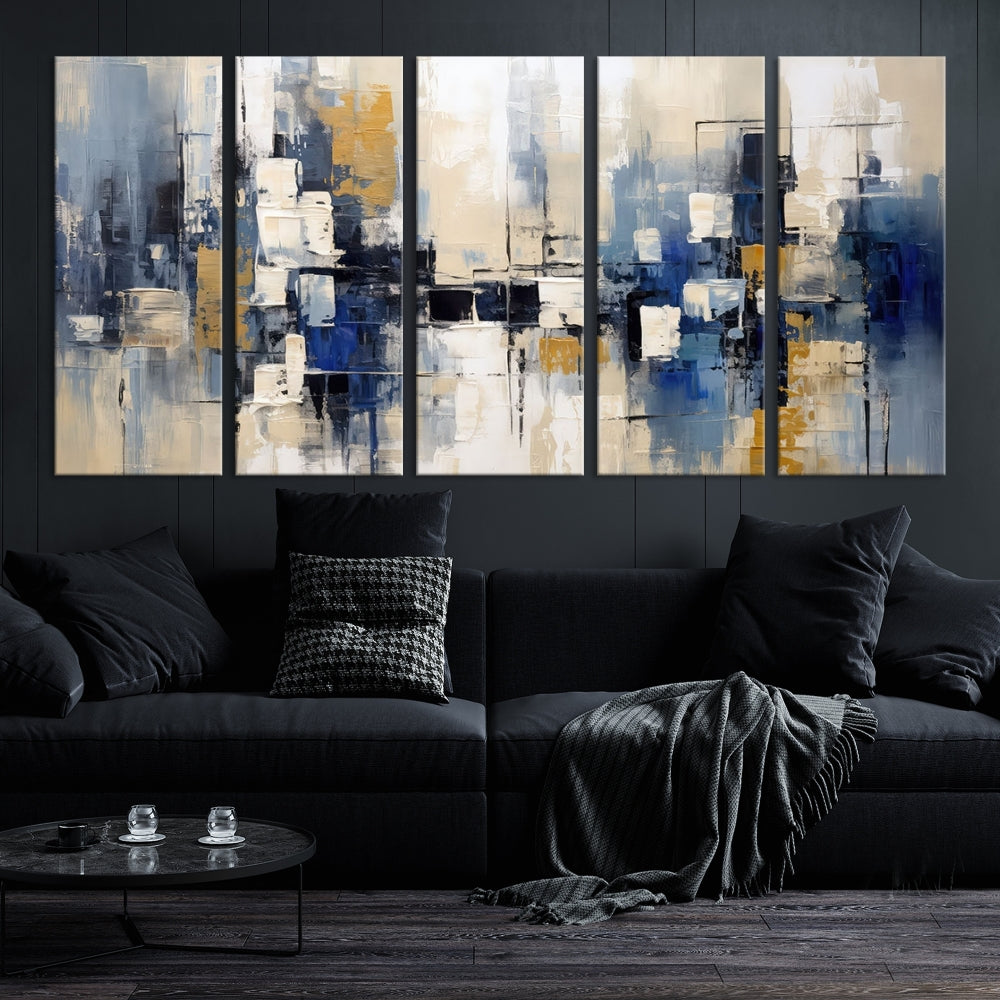 Abstract Shapes Blue Marble Painting Printed on Cotton Canvas Wall Art Print