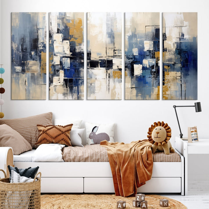 Abstract Shapes Blue Marble Painting Printed on Cotton Canvas Wall Art Print