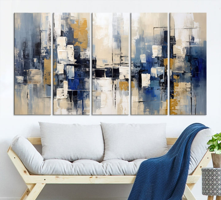 Abstract Shapes Blue Marble Painting Printed on Cotton Canvas Wall Art Print