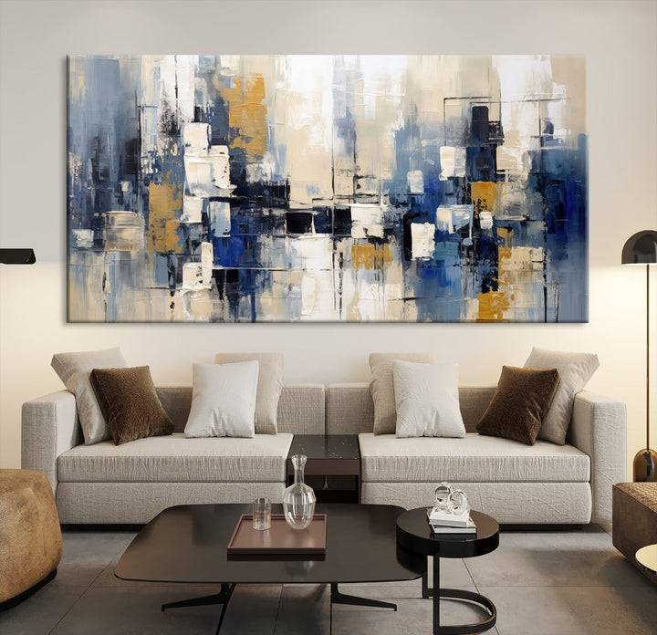 Abstract Shapes Blue Marble Painting Printed on Cotton Canvas Wall Art Print