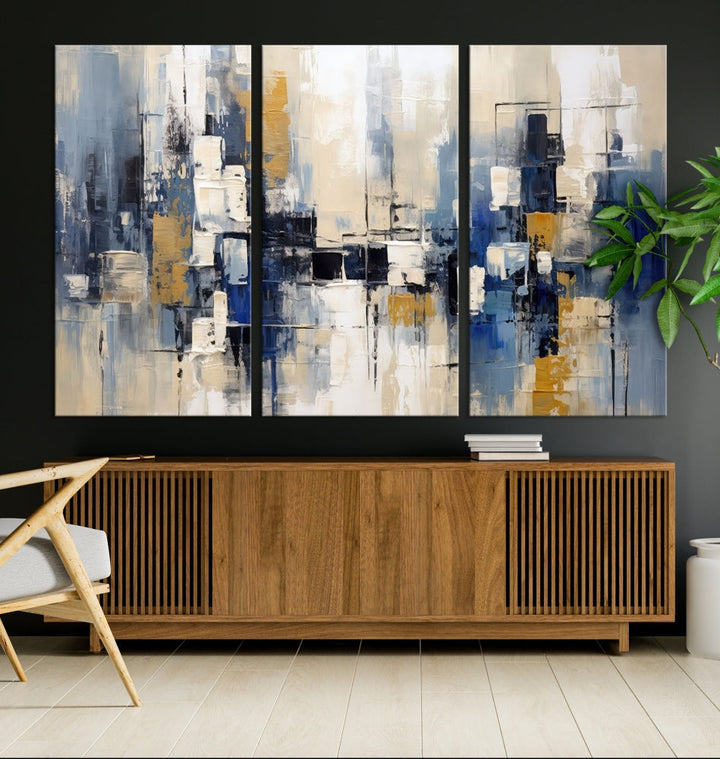 Abstract Shapes Blue Marble Painting Printed on Cotton Canvas Wall Art Print