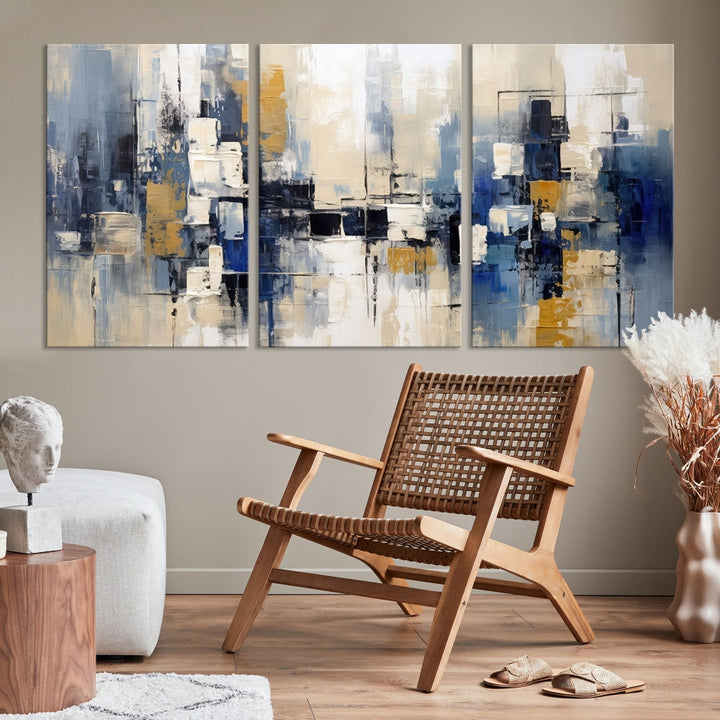 Abstract Shapes Blue Marble Painting Printed on Cotton Canvas Wall Art Print