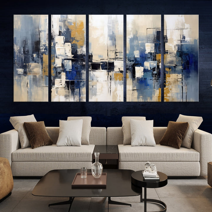 Abstract Shapes Blue Marble Painting Printed on Cotton Canvas Wall Art Print