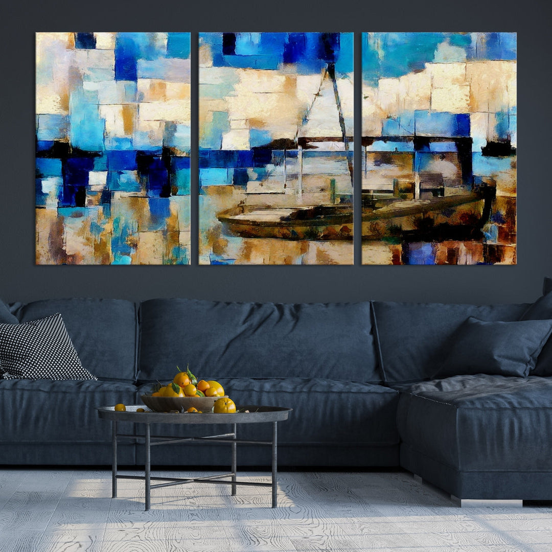 Abstract Ship Painting on Canvas Nautical Boat Wall Art Print Framed