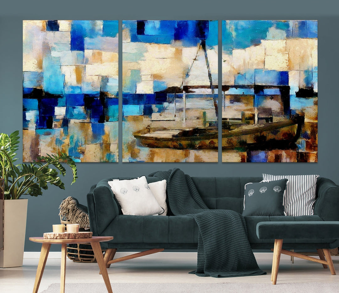 Abstract Ship Painting on Canvas Nautical Boat Wall Art Print Framed