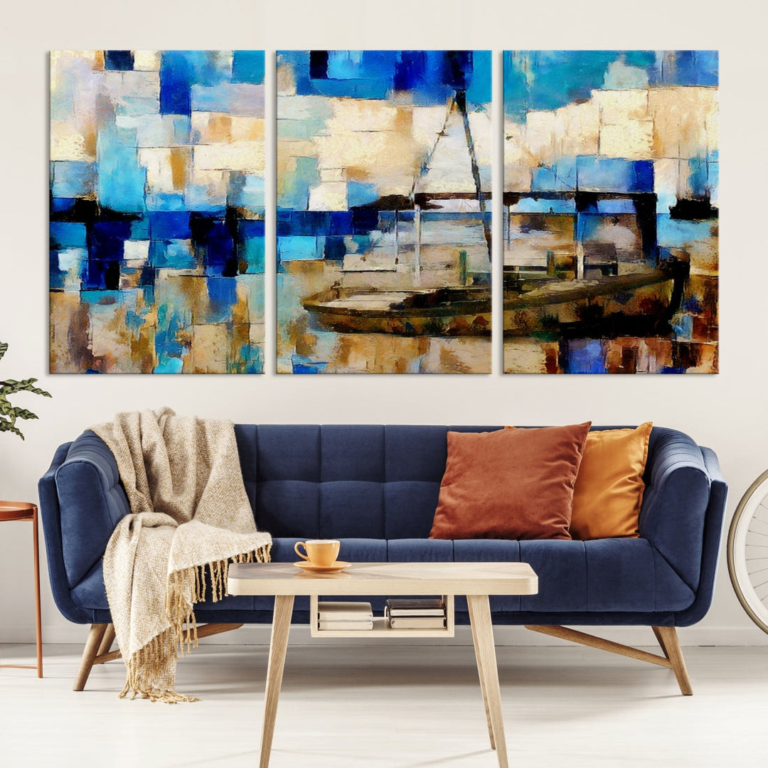 Abstract Ship Painting on Canvas Nautical Boat Wall Art Print Framed