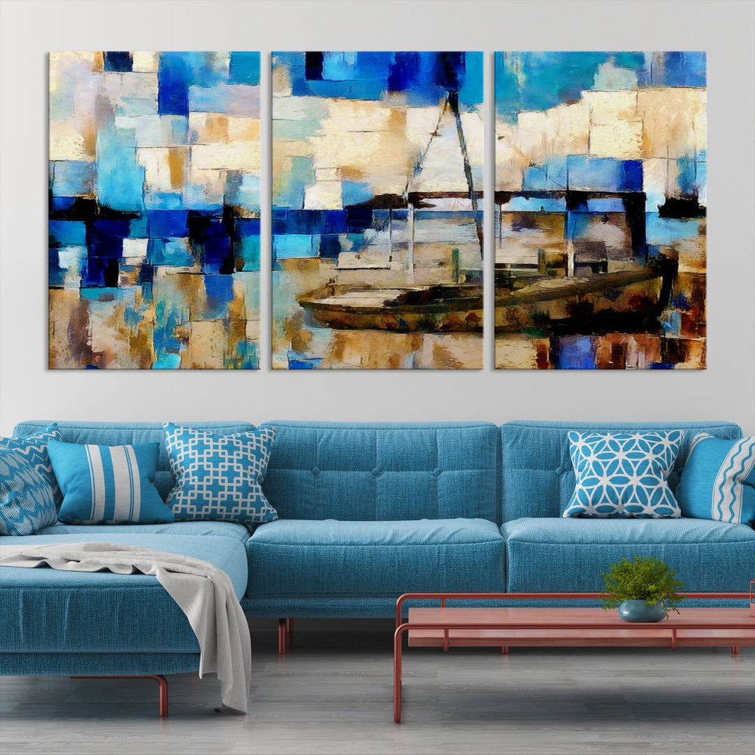 Abstract Ship Painting on Canvas Nautical Boat Wall Art Print Framed