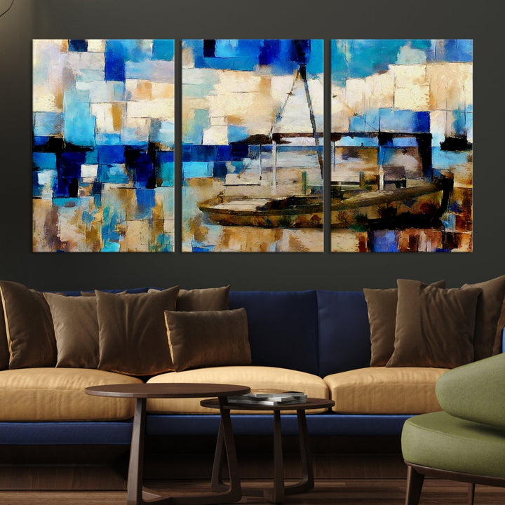 Abstract Ship Painting on Canvas Nautical Boat Wall Art Print Framed