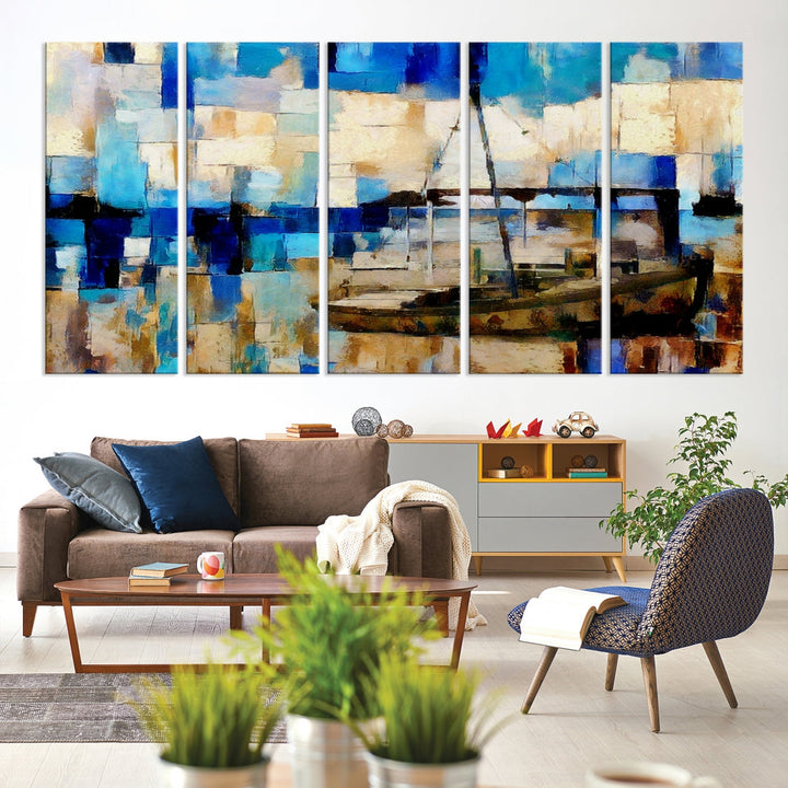 Abstract Ship Painting on Canvas Nautical Boat Wall Art Print Framed