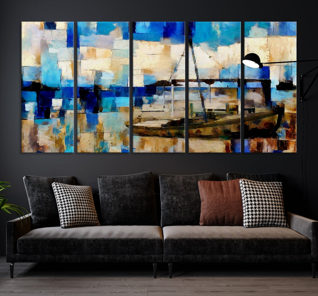 Abstract Ship Painting on Canvas Nautical Boat Wall Art Print Framed