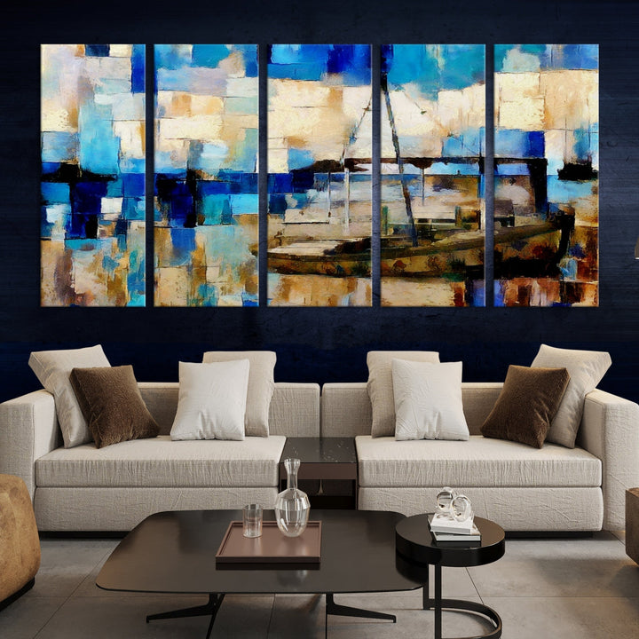 Abstract Ship Painting on Canvas Nautical Boat Wall Art Print Framed