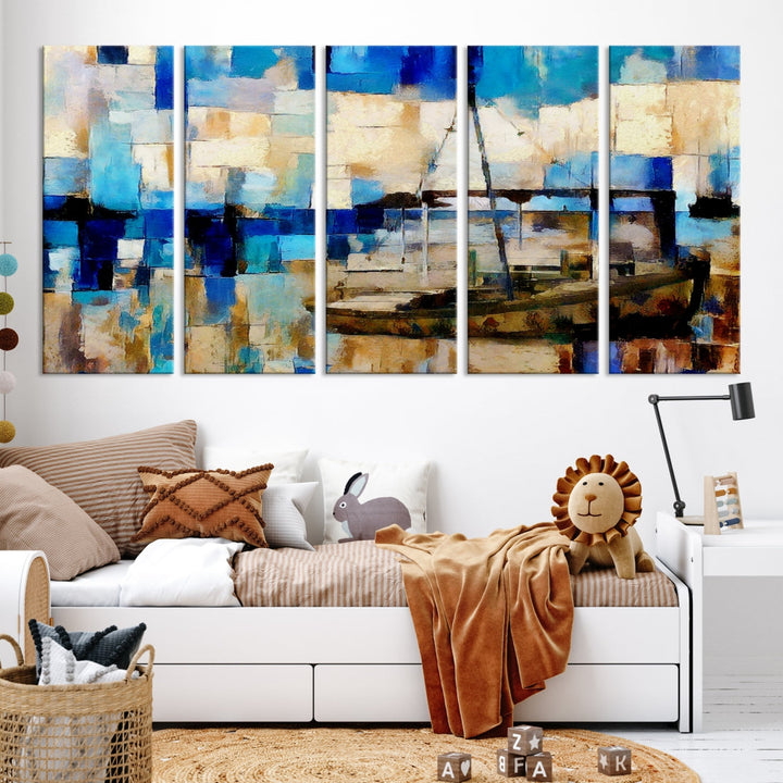 Abstract Ship Painting on Canvas Nautical Boat Wall Art Print Framed