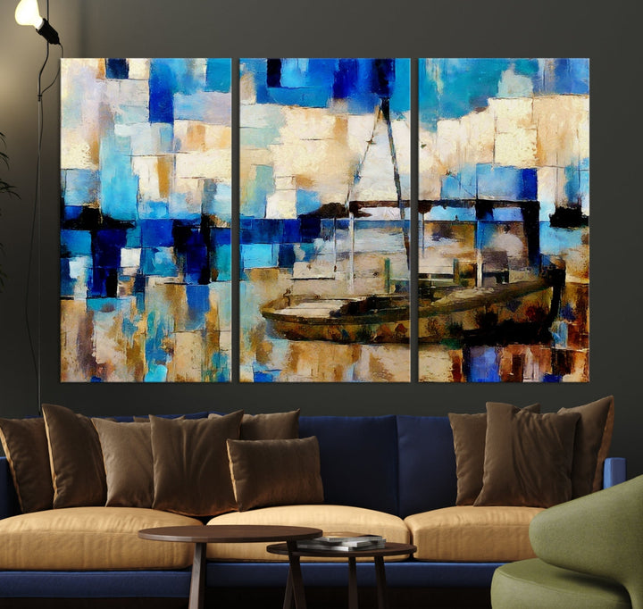 Abstract Ship Painting on Canvas Nautical Boat Wall Art Print Framed