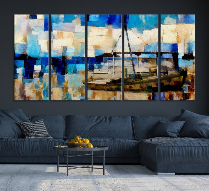 Abstract Ship Painting on Canvas Nautical Boat Wall Art Print Framed