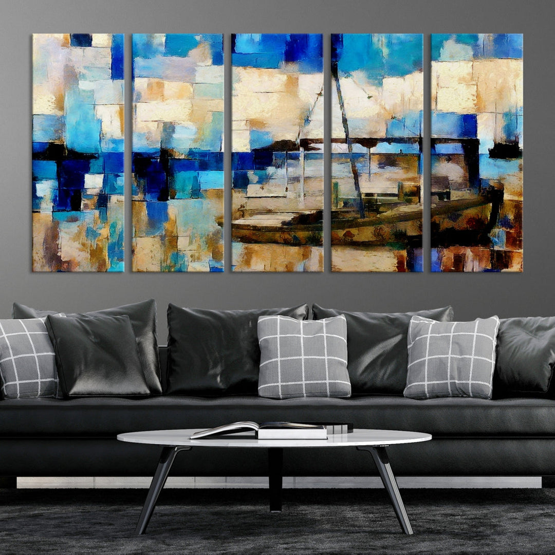 Abstract Ship Painting on Canvas Nautical Boat Wall Art Print Framed