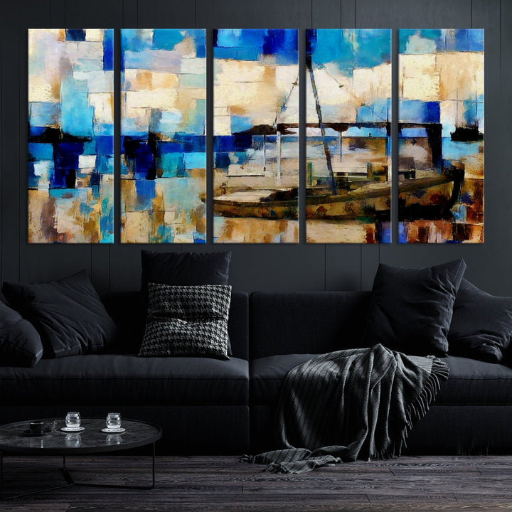 Abstract Ship Painting on Canvas Nautical Boat Wall Art Print Framed