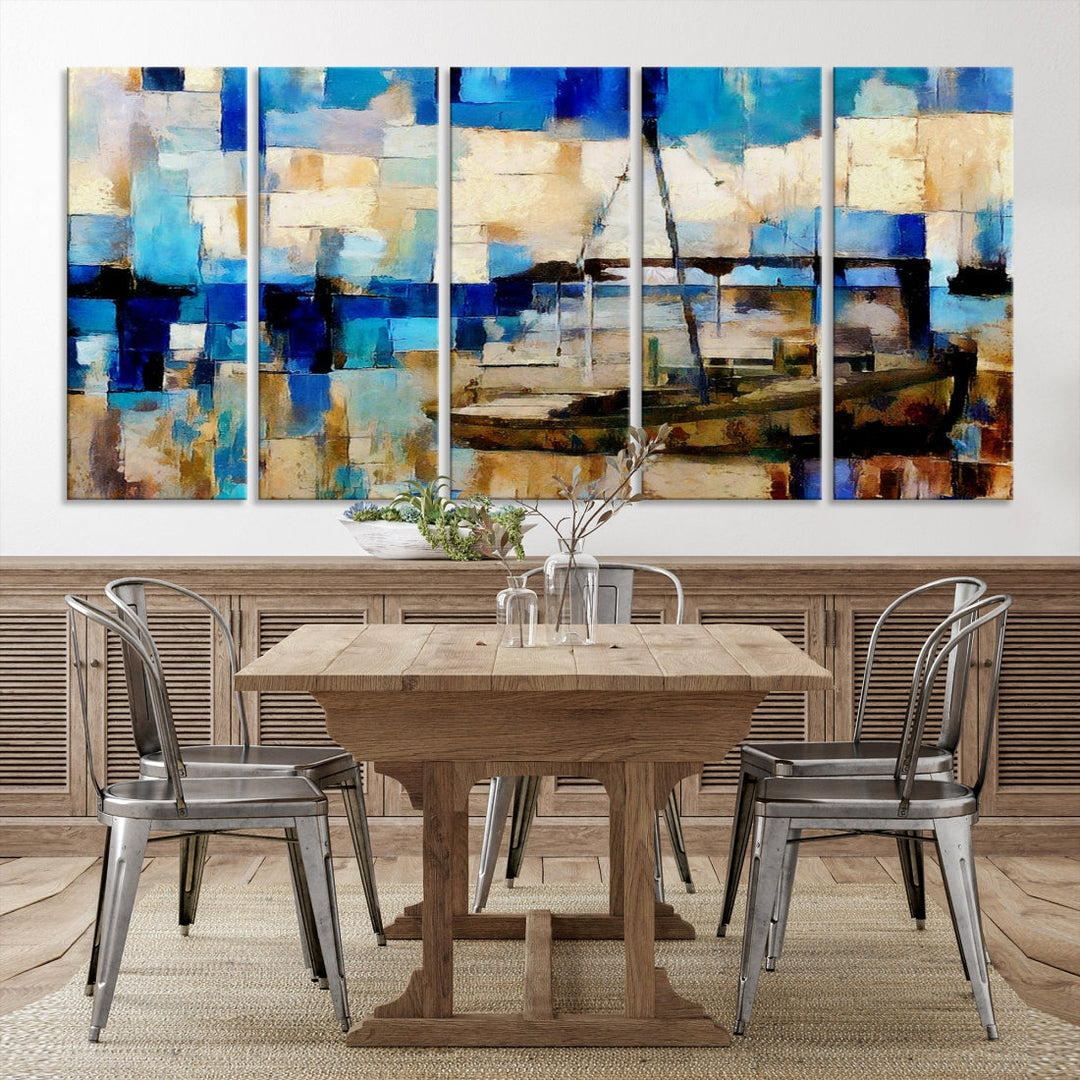 Abstract Ship Painting on Canvas Nautical Boat Wall Art Print Framed