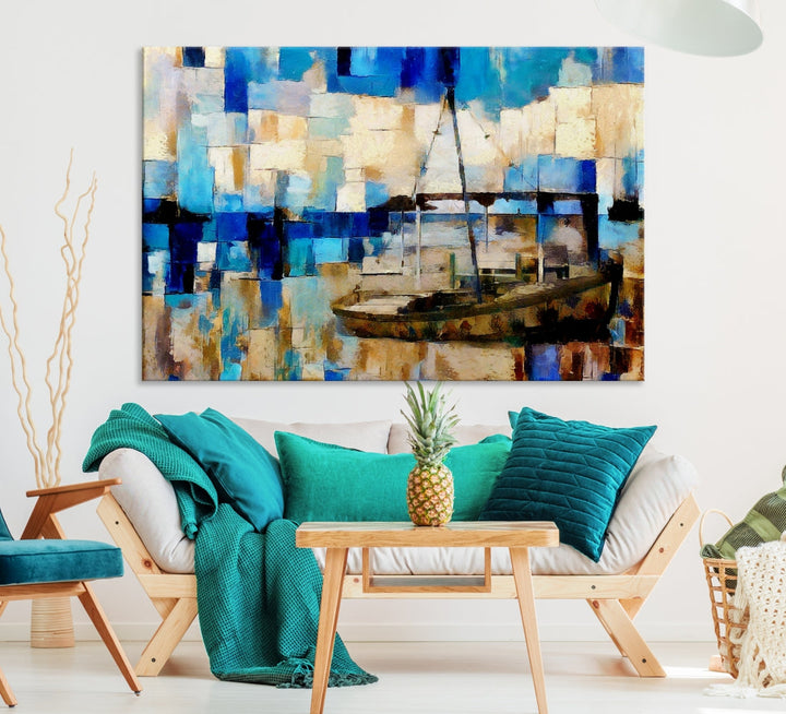 Abstract Ship Painting on Canvas Nautical Boat Wall Art Print Framed